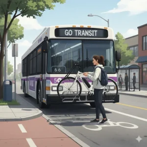A commuter loading a lightweight ebike onto a Canadian public transit bus rack for a multimodal city commute.