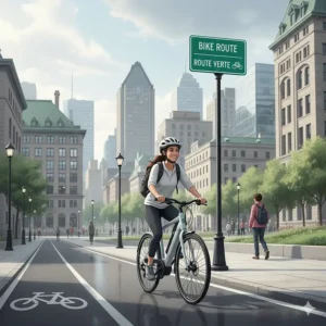 Illustration of a city ebike commuting route featuring bilingual English and French "Bike Route / Route Verte" signage.