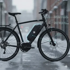 A technical illustration showing an ebike battery protected by a thermal cover for optimal city ebike commuting in Canadian temperatures.