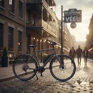 A stylized graphic of an electric commuter bike parked near a "Vélo" sign in a Montreal neighborhood.