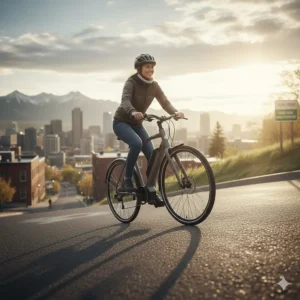 An illustration of a cyclist effortlessly riding an electric commuter bike up a steep Calgary hill using pedal assist.