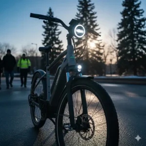 A close-up illustration of integrated LED lights on an electric commuter bike for visibility during dark Canadian winters.