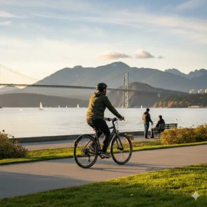 A person riding a modern electric commuter bike along the Vancouver seawall with the Lions Gate Bridge in the background.