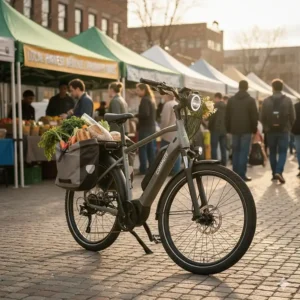 An electric commuter bike equipped with waterproof pannier bags parked outside a local Canadian farmers' market.