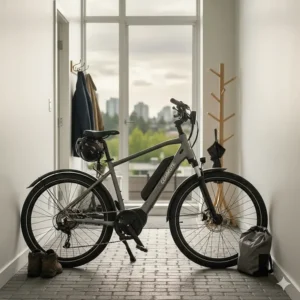 An illustration of a compact folding electric commuter bike being stored in a small Vancouver apartment hallway.