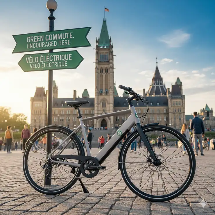 A flat-design illustration of an electric commuter bike in front of the Parliament Buildings in Ottawa, symbolizing green transit.