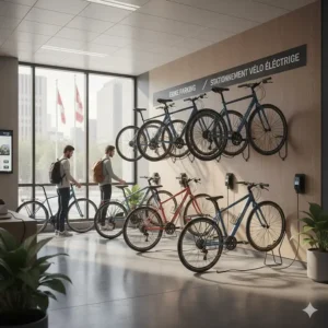 A modern Canadian office space featuring secure indoor parking for city ebike commuting employees.