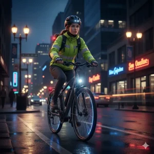 High-visibility city ebike commuting gear and integrated lights for safe riding during early Canadian sunsets.