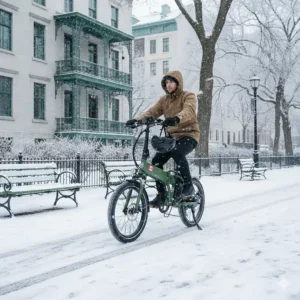 A 20 inch folding electric bike folded neatly inside the trunk of a small hatchback, ideal for Canadian road trips.