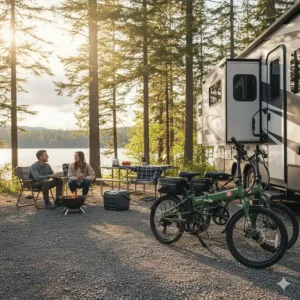 A 20 inch folding electric bike with fat tires handling a light dusting of snow on a plowed Montreal bike path.