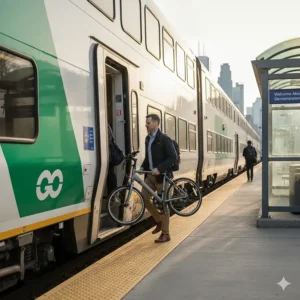 A commuter boarding a GO Transit train in Toronto while carrying a compact 20 inch folding electric bike.