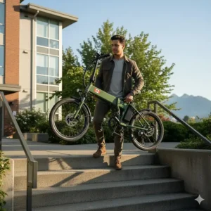 A couple riding 20 inch folding electric bikes through a lush park, highlighting the bikes' portability for weekend leisure.