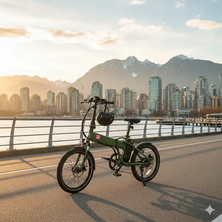A premium 20 inch folding electric bike parked on a scenic waterfront trail with the Vancouver skyline and North Shore mountains in the distance.