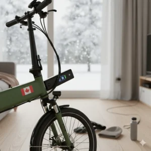 A stylish 20 inch folding electric bike (vélo électrique pliant) leaning against a stone wall in Old Quebec City.