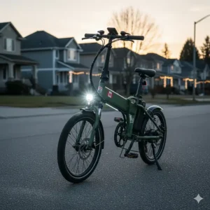 Close-up of integrated LED safety lights on a 20 inch folding electric bike for visibility during early Canadian winter sunsets.