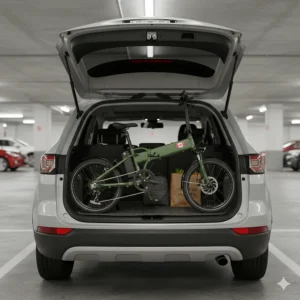 Step-by-step illustration of a 20 inch folding electric bike collapsing into a compact size for easy storage in a Canadian condo.