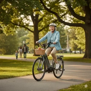 Lifestyle illustration showing an older adult comfortably using a step-through electric bike in a Canadian suburban park.