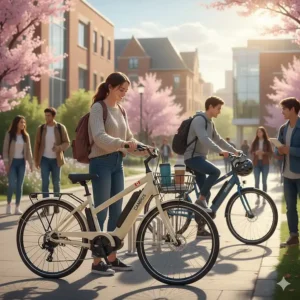 A budget-friendly electric bike on a university campus, showcasing affordable electric bike brands in Canada for students and daily riders.