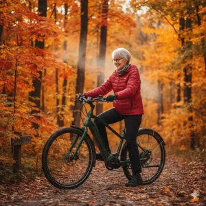 Illustration of a senior mounting a step-through ebike equipped with fenders for a crisp autumn ride in Ontario.