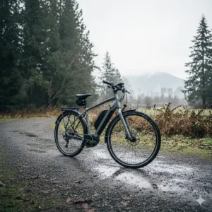 A hybrid road gravel ebike with fenders navigating a wet, misty morning trail in Vancouver, BC.