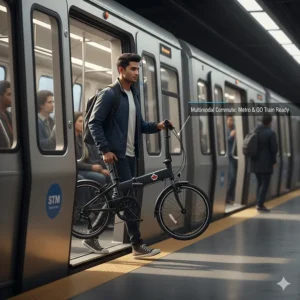 Close-up of puncture-resistant tires on a folding ebike designed for wet and slushy Canadian road conditions.