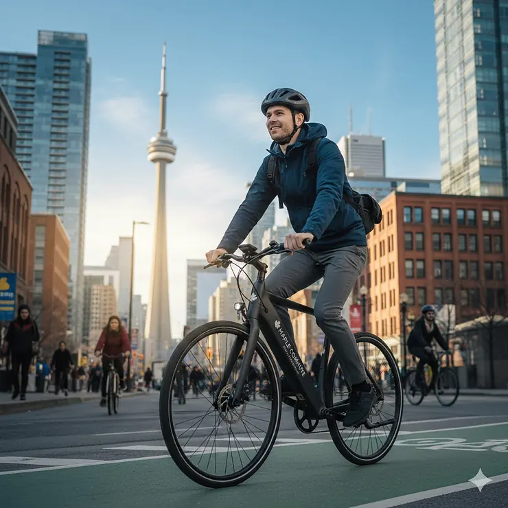 A cyclist riding a premium commuter ebike through a modern Canadian city downtown during a sunny morning commute.