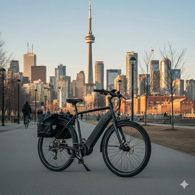 A premium commuter ebike parked on a paved path with a Canadian city skyline and CN Tower in the background. commuter ebike under 2000