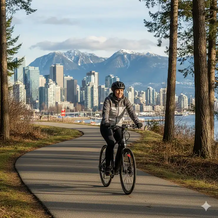 A cyclist riding a premium electric bike on a scenic paved trail in Vancouver, showcasing top electric bike brands in Canada for urban and trail commuting.