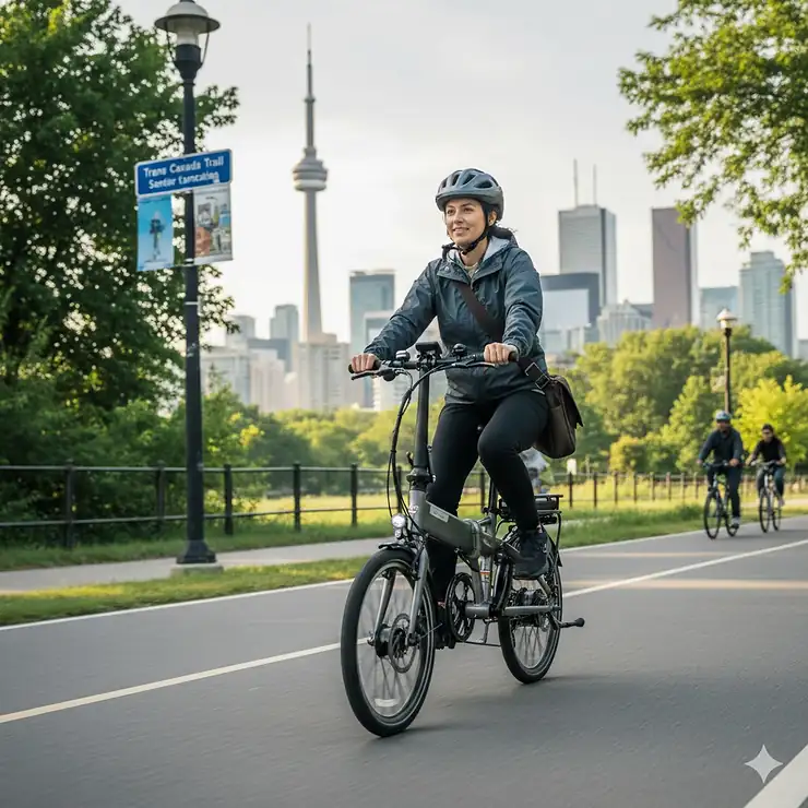 A professional commuter riding a folding ebike past the CN Tower in Toronto, showing a compact design perfect for Canadian urban transit.