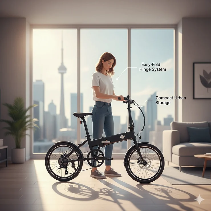 A person riding a sleek black folding ebike under $1500 along a scenic Canadian urban waterfront with city skyscrapers in the background.