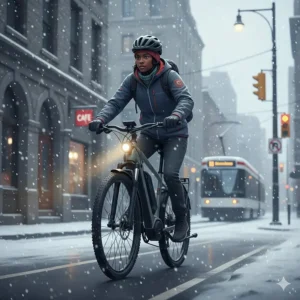 A cyclist riding a commuter ebike through a light Canadian snowfall, highlighting durability in winter city commuter ebike reviews.
