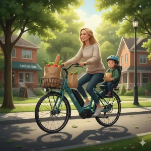 A long-tail cargo e-bike carrying groceries and a child, featuring heavy-duty electric bike brands in Canada for eco-friendly families.