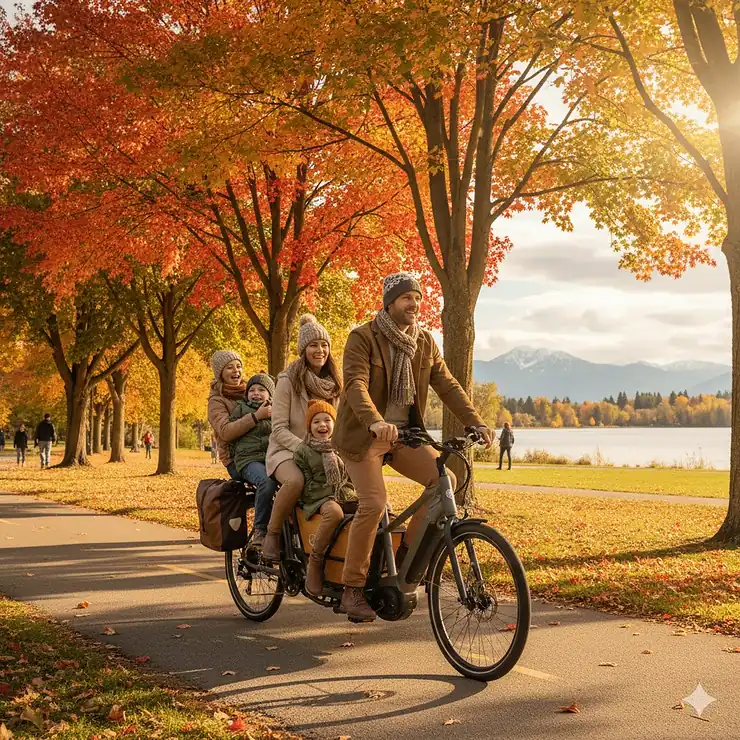 A family enjoying a cargo electric bike in Canada during autumn, showcasing sustainable urban transportation in a local park.
