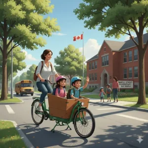 A parent using a cargo electric bike for the morning school run in a Canadian suburban neighborhood.