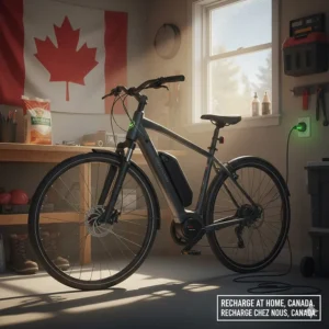 A hybrid electric bike plugged into a standard Canadian wall outlet in a garage, demonstrating easy home charging.
