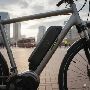 Close-up of a long-range battery on a city electric bike designed for Canadian distances.