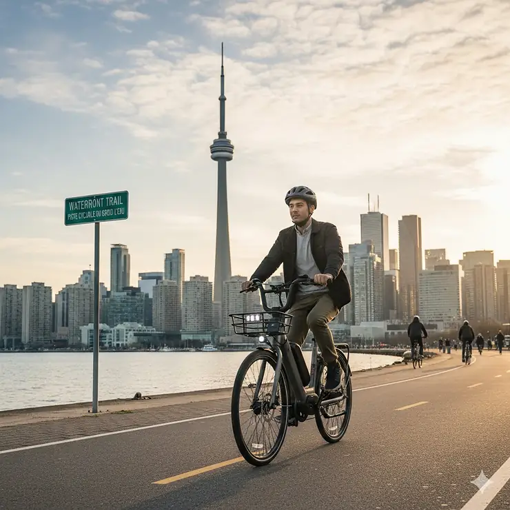 A person riding a city electric bike in Canada through a bustling downtown street during a morning commute.
