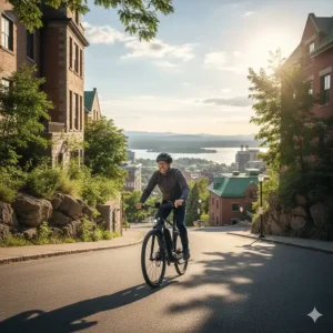 A rider effortlessly climbing a steep urban hill on a powerful city electric bike in a Canadian city.