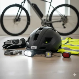 An illustration of essential safety gear for riding a city electric bike in Canada, including a certified helmet and lights.