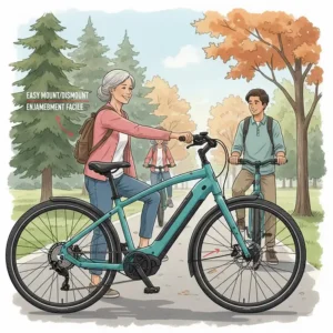 Illustration of the low-step frame design on a comfortable ebike, highlighting the easy mount and dismount for Canadian riders.