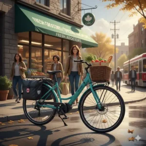 Illustration of a step-through ebike equipped with puncture-resistant tires for a comfortable ride across varied Canadian weather conditions.