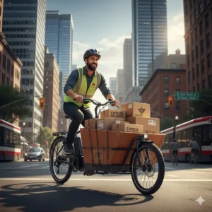 A commercial cargo electric bike used for last-mile delivery services in a busy Canadian downtown urban center.