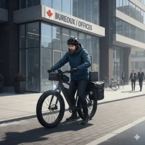 A commuter ebike equipped with waterproof pannier bags parked outside a Canadian office building.
