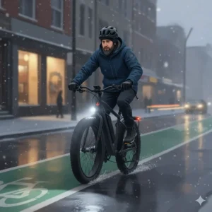 Illustration of a commuter ebike with integrated LED lights for dark Canadian winter afternoons.