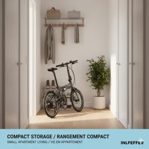 Illustration of an ultra compact folding ebike stored in a small Vancouver or Toronto condo hallway, demonstrating space-saving benefits.