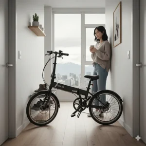 A space-saving folding ebike stored in a small Vancouver apartment hallway, emphasizing its compact footprint for city living.
