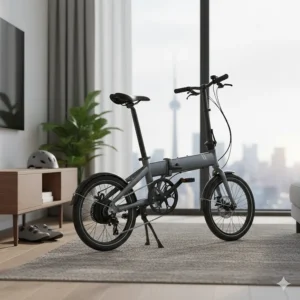 A lightweight, compact folding electric bike shown in a folded position, optimized for small apartment storage in Toronto or Ottawa.
