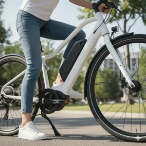 Close-up illustration of the low-step frame design, highlighting easy mounting for women's ebikes.