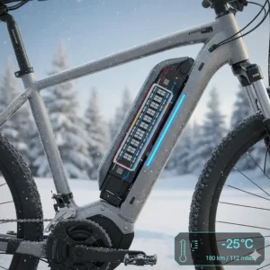 Technical illustration of an electric hybrid bike battery optimized for long-distance trekking in cold Canadian climates.