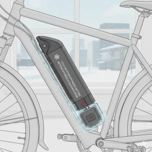 Technical illustration of a lightweight city ebike integrated battery designed for reliable performance in Canadian temperatures.